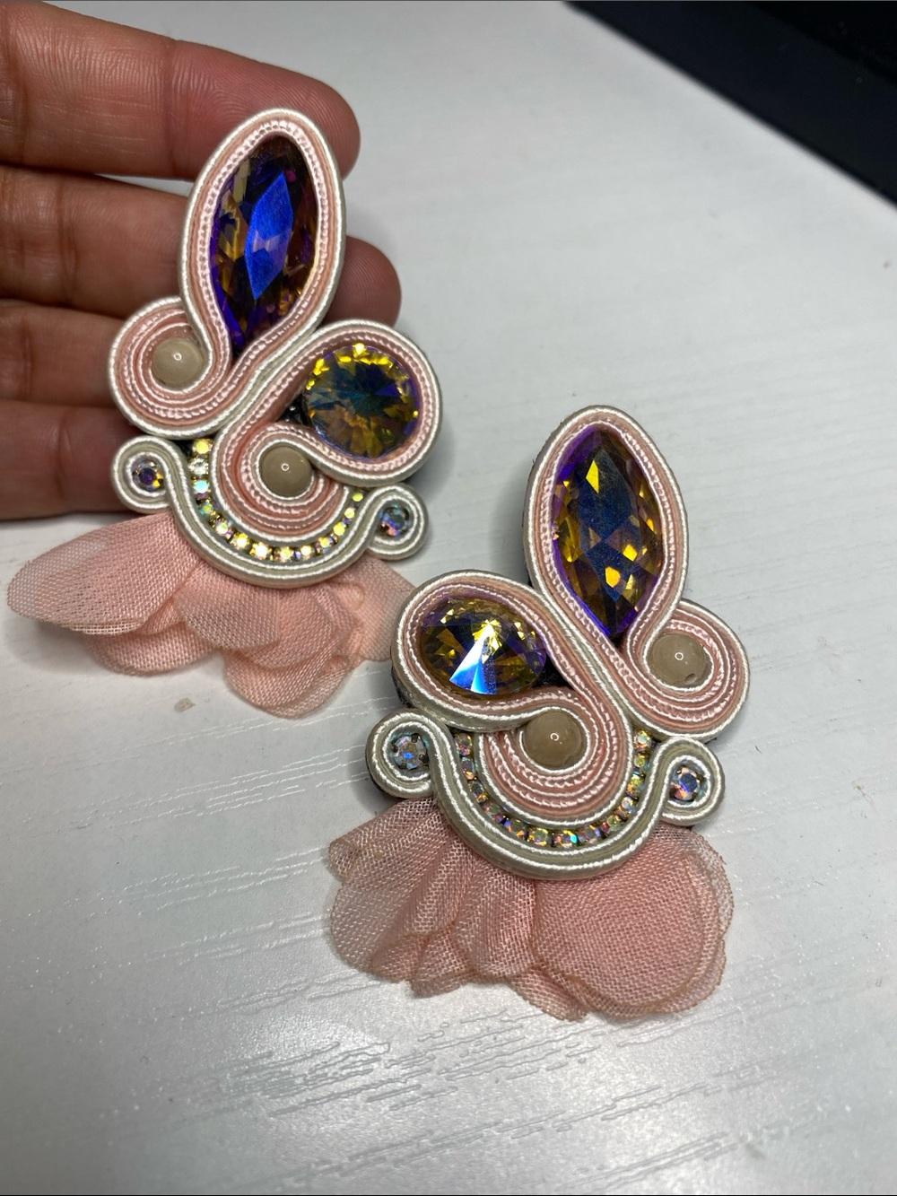 Handmade Pink Fabric & Crystal Statement Earrings